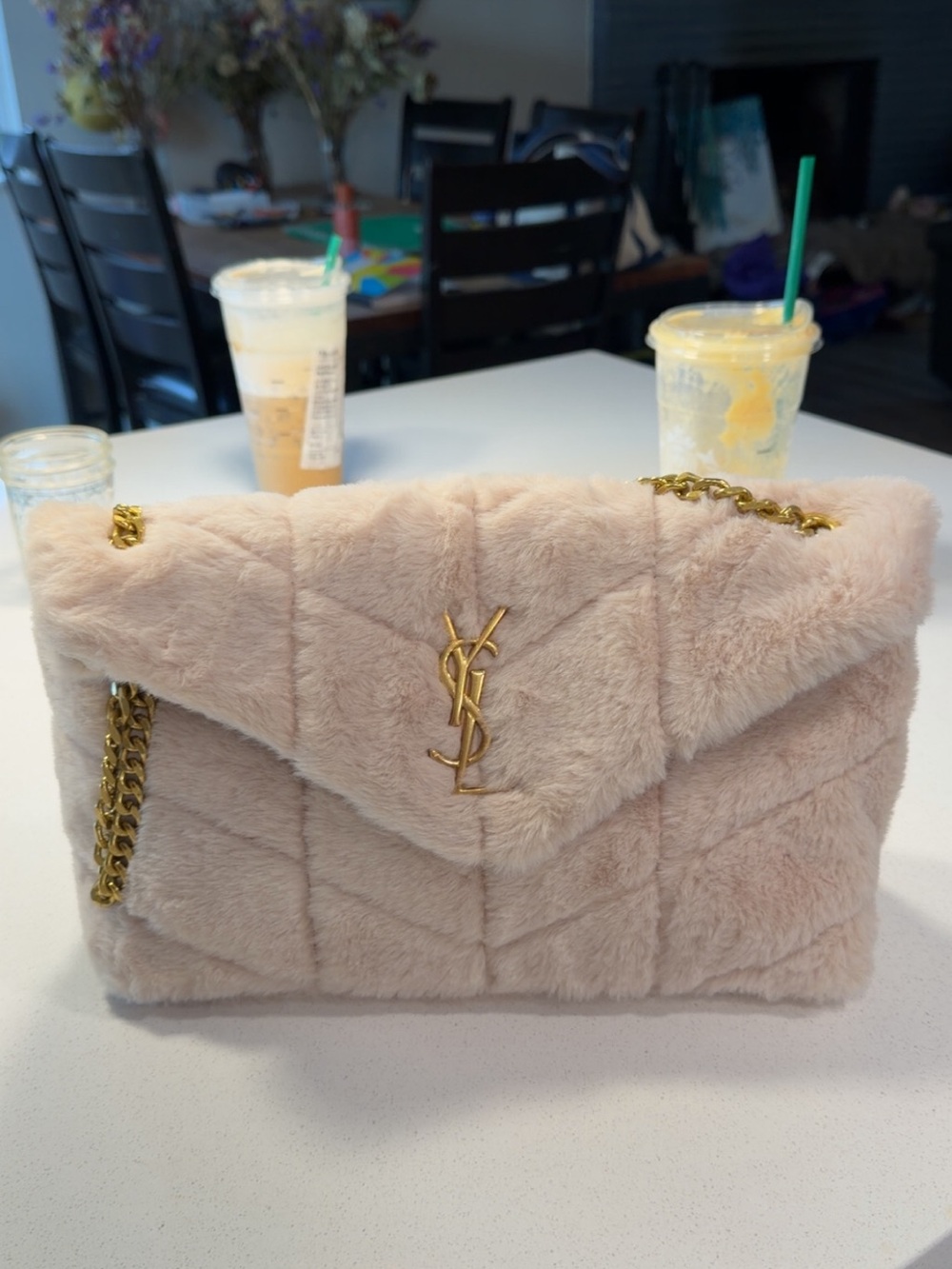 Saint Laurent faux fur handbag/purse in Beige with Gold Hardware